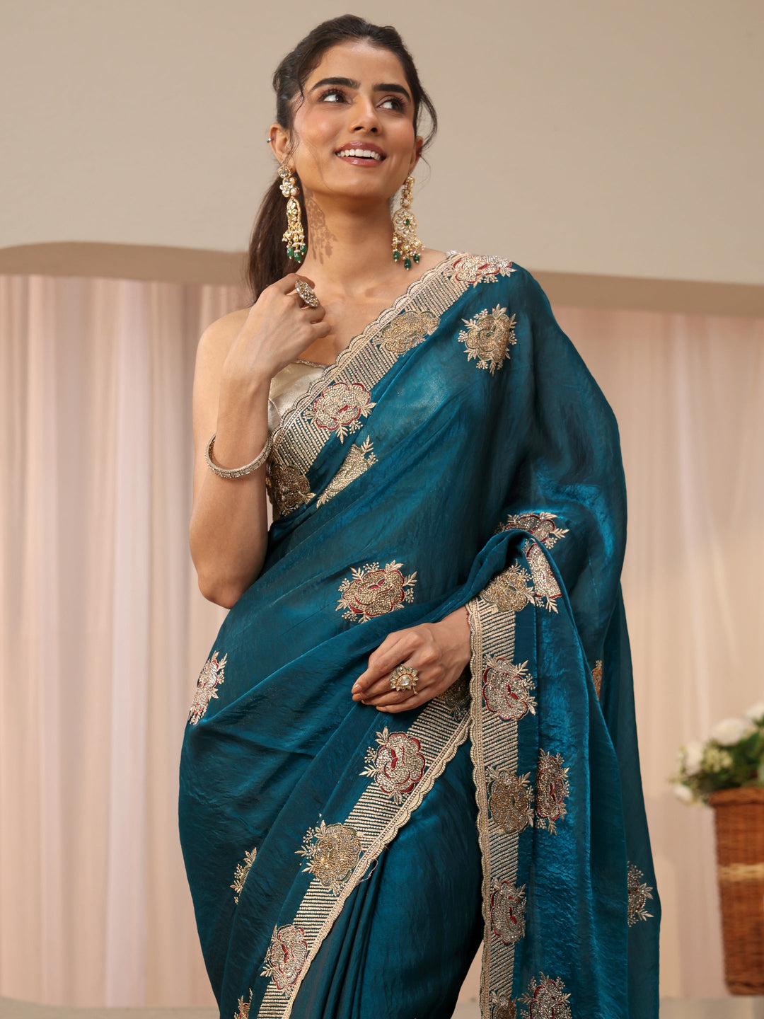 Teal Floral Embroidered Tissue Saree