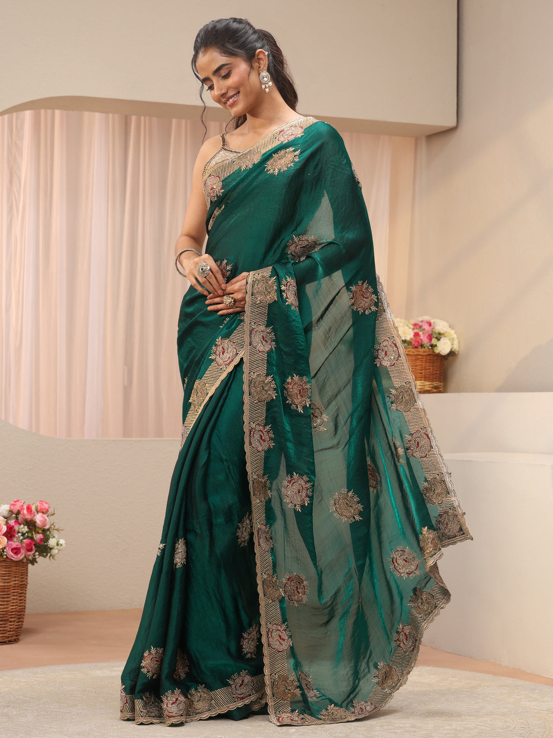 Green Floral Embroidered Tissue Saree