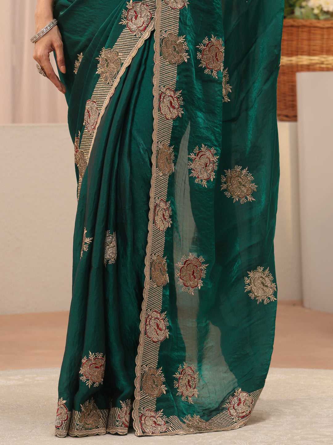Green Floral Embroidered Tissue Saree
