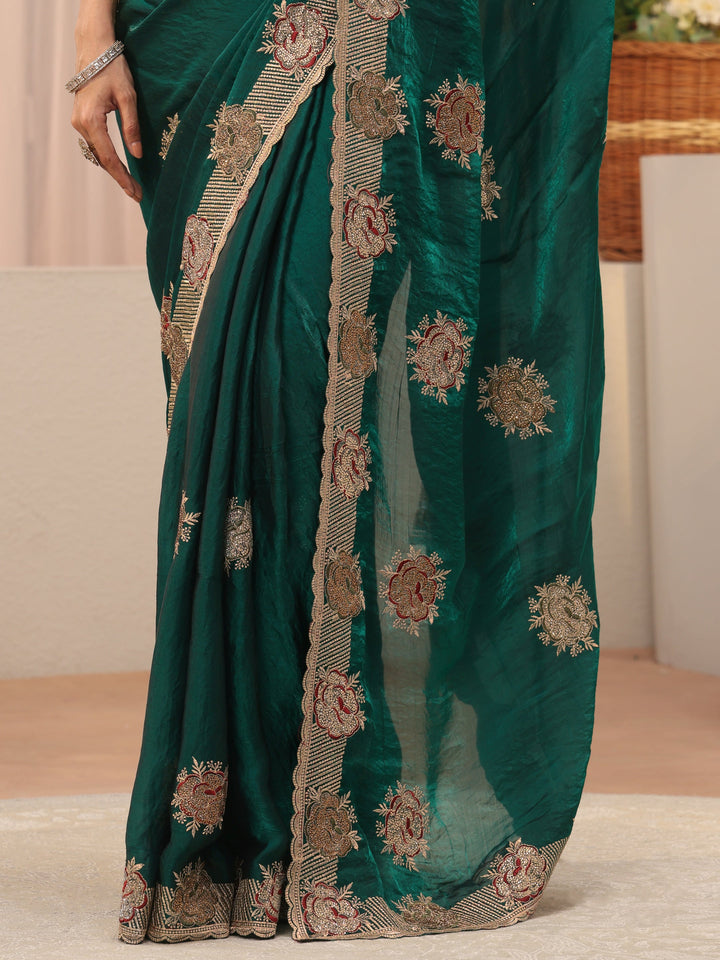 Green Floral Embroidered Tissue Saree