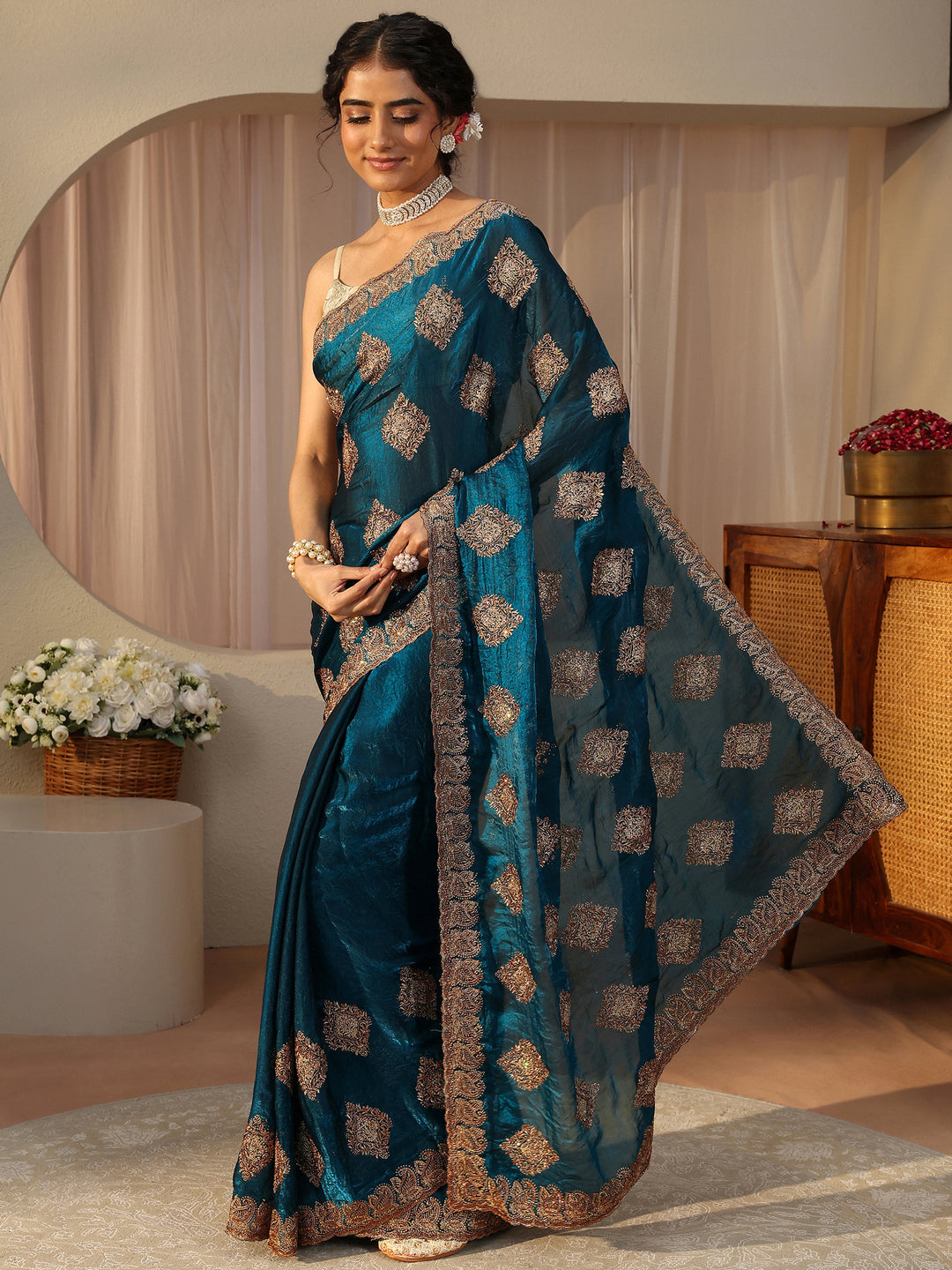 Blue Ethnic Embroidered Tissue Saree