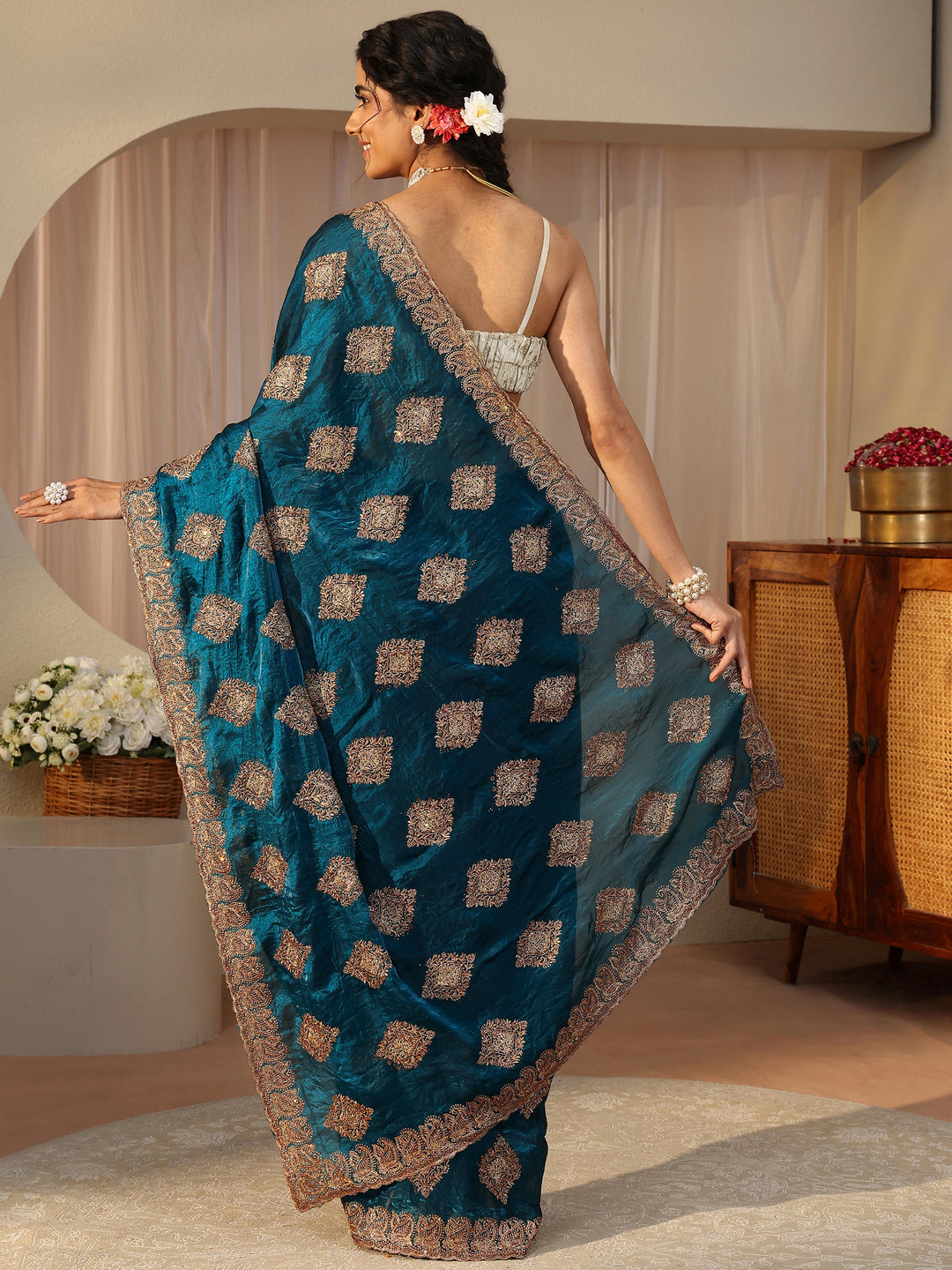 Blue Ethnic Embroidered Tissue Saree