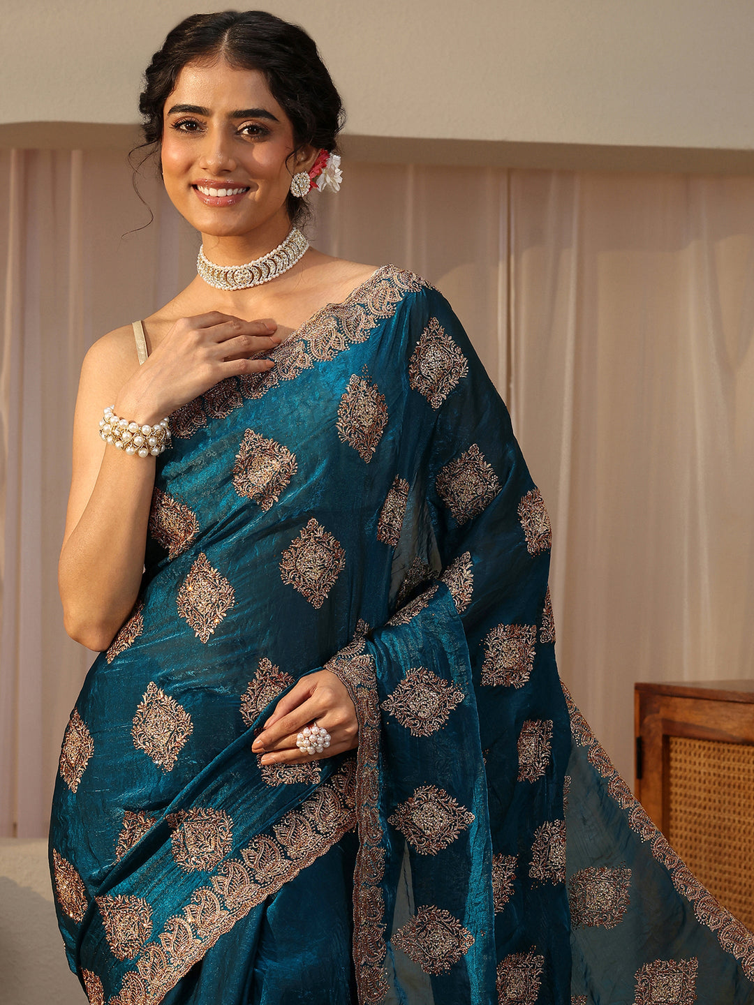 Blue Ethnic Embroidered Tissue Saree