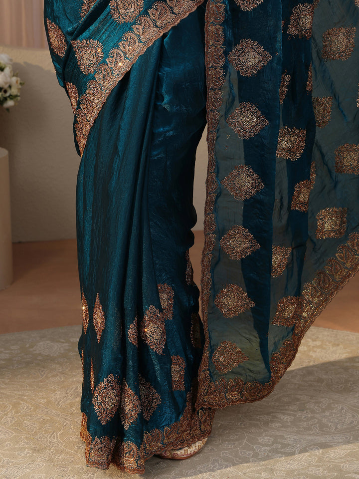 Blue Ethnic Embroidered Tissue Saree