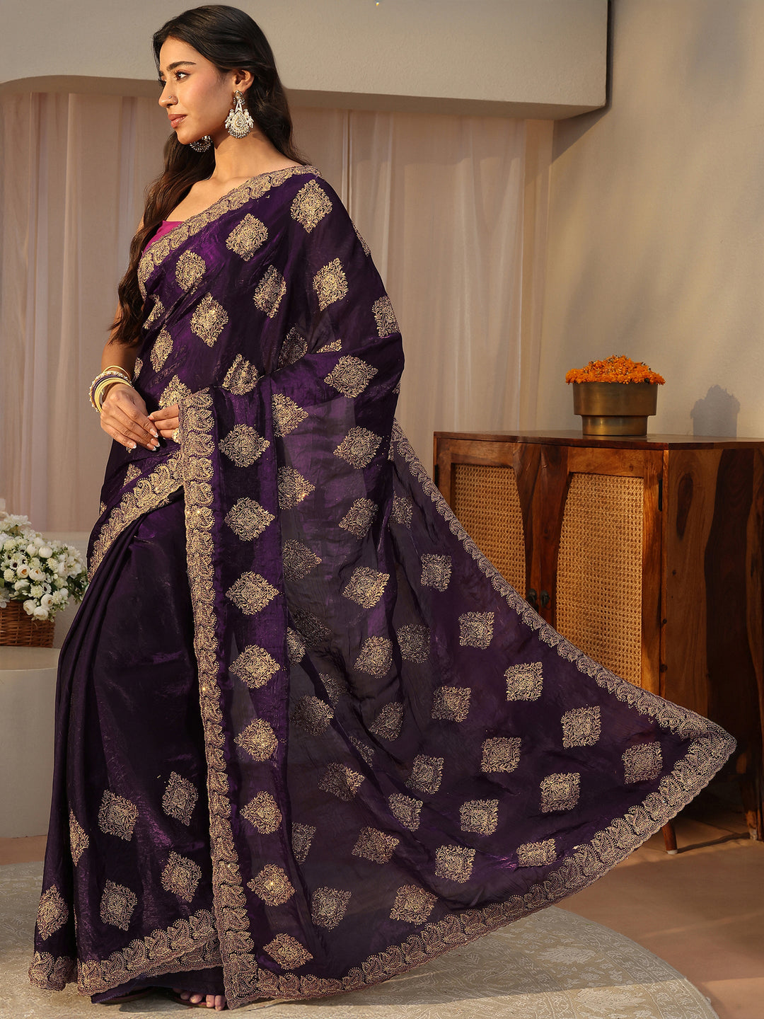 Purple Ethnic Embroidered Tissue Saree