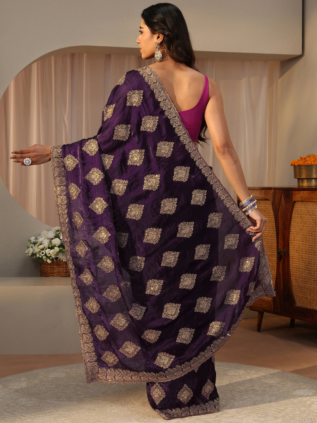 Purple Ethnic Embroidered Tissue Saree