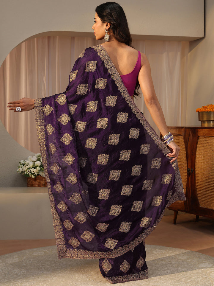Purple Ethnic Embroidered Tissue Saree