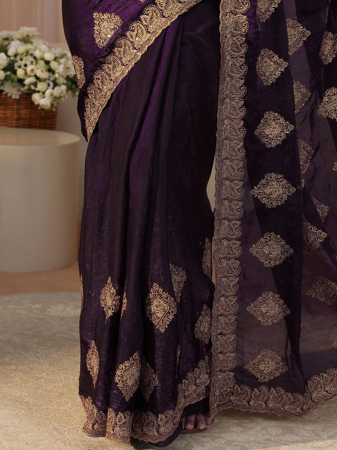 Purple Ethnic Embroidered Tissue Saree