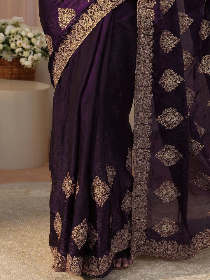Purple Ethnic Embroidered Tissue Saree
