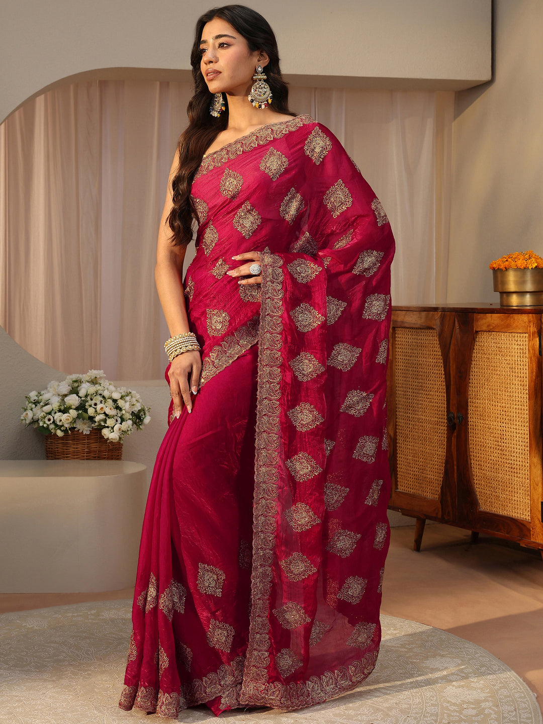 Red Ethnic Embroidered Tissue Saree