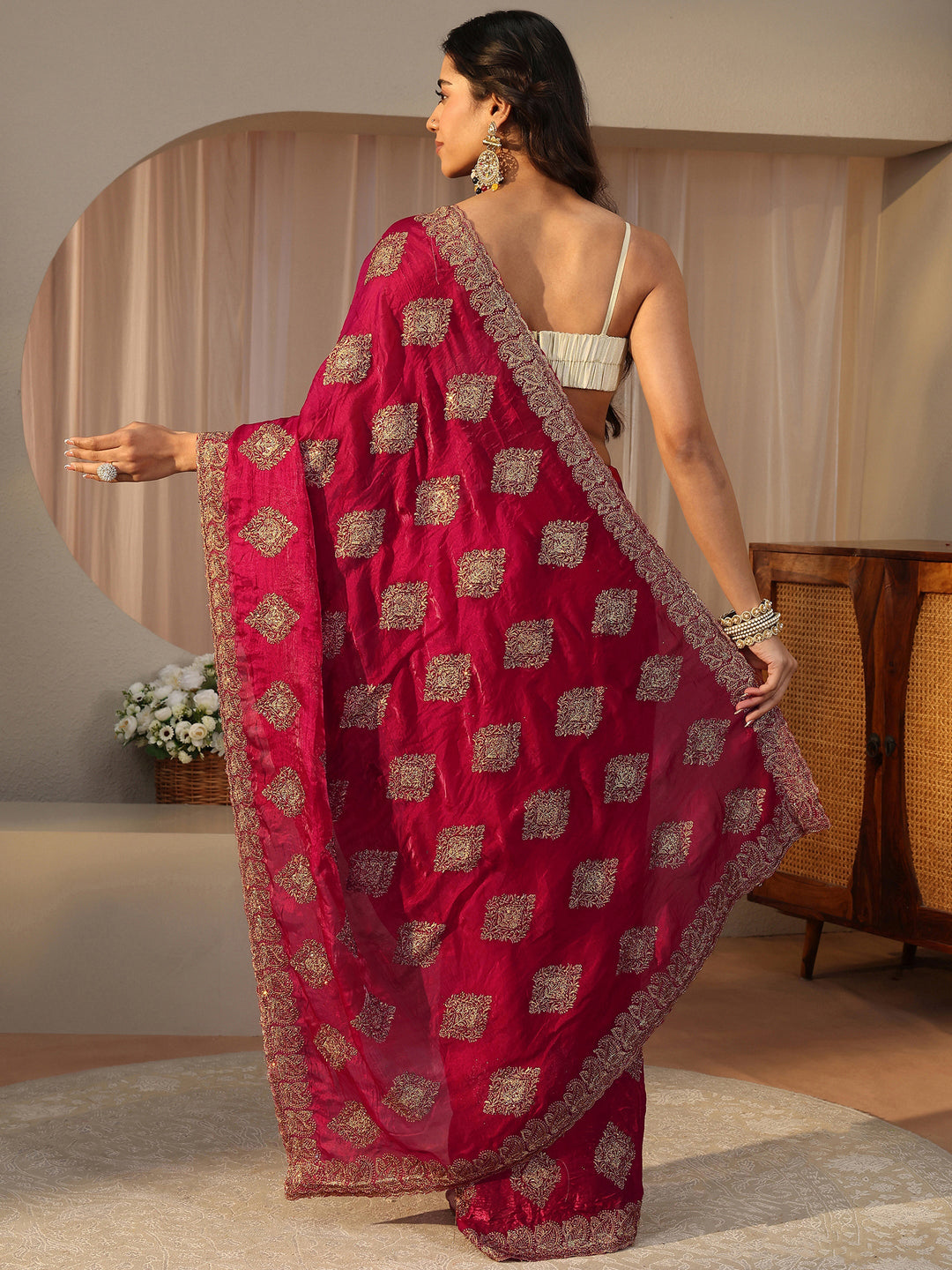 Red Ethnic Embroidered Tissue Saree