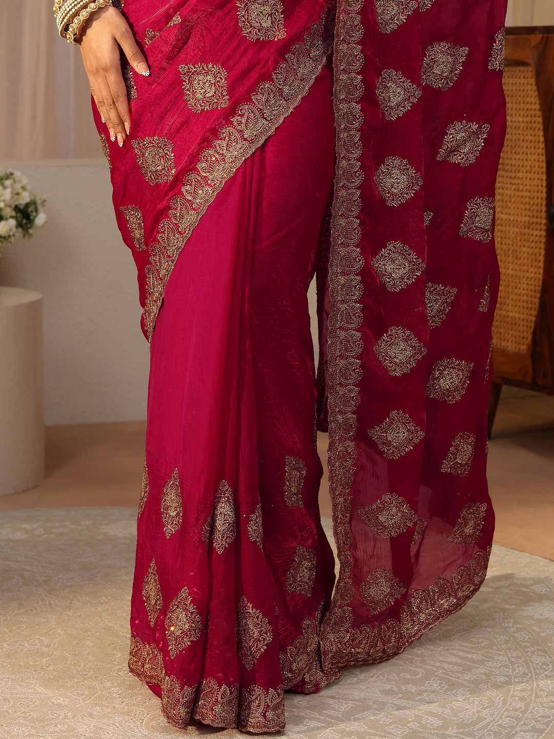 Red Ethnic Embroidered Tissue Saree