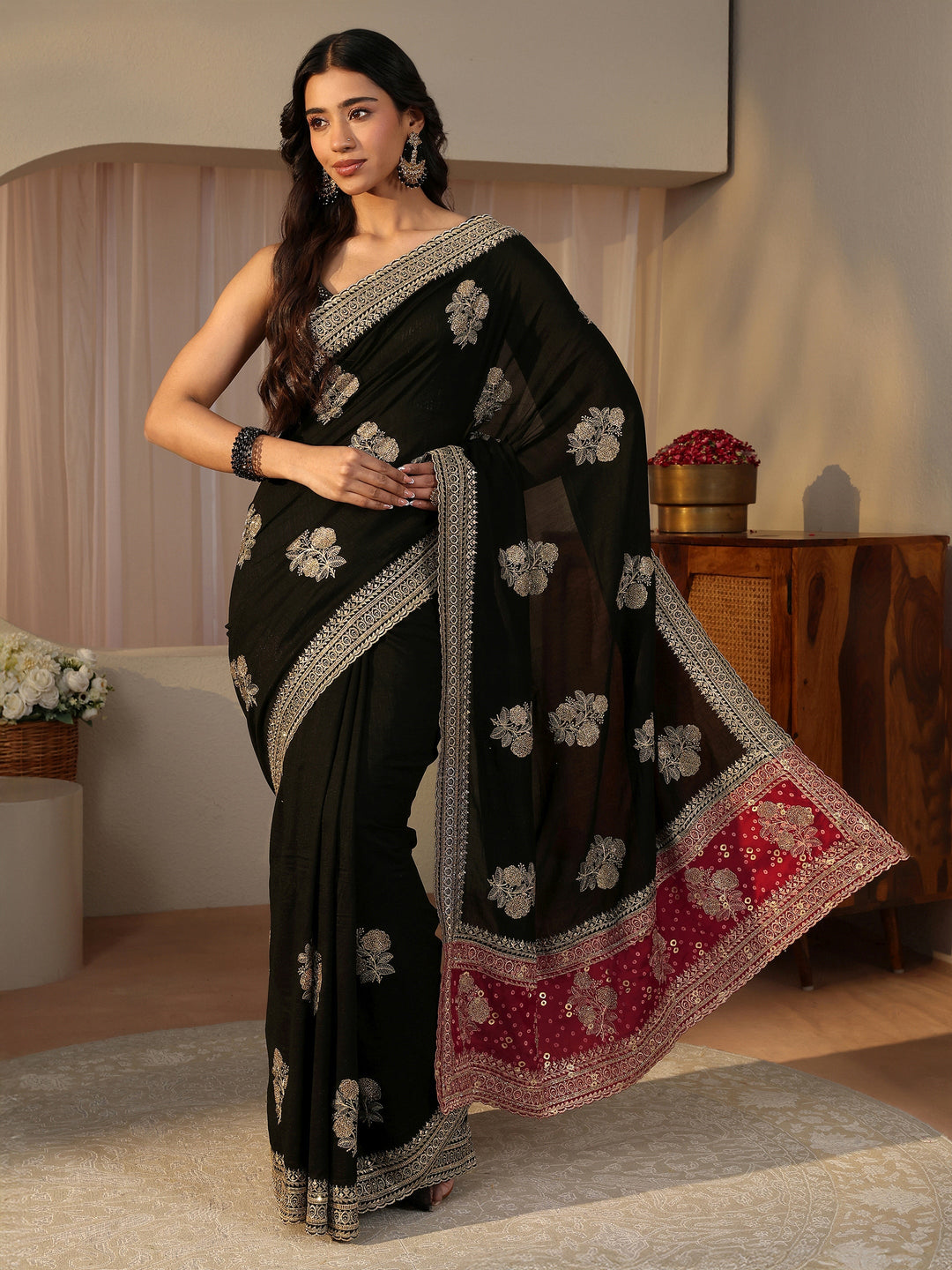 Black Floral Embroidered Silk Blend Saree