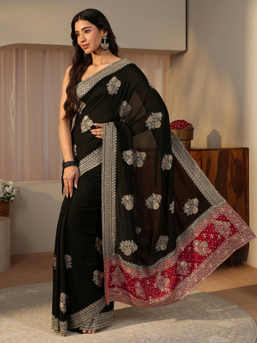 Black Floral Embroidered Silk Blend Saree