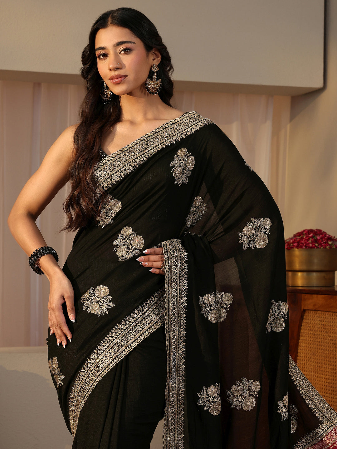Black Floral Embroidered Silk Blend Saree