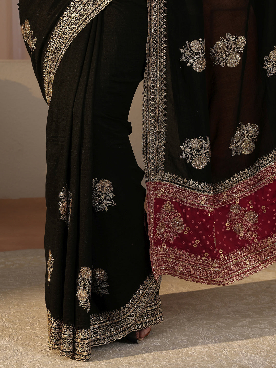 Black Floral Embroidered Silk Blend Saree