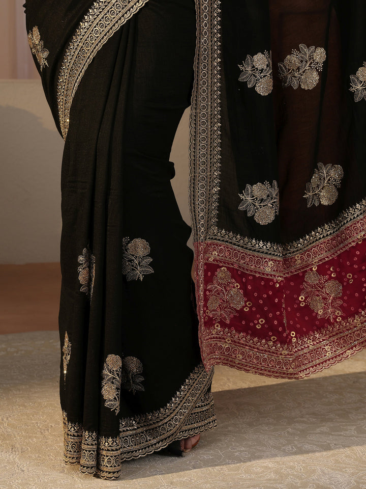 Black Floral Embroidered Silk Blend Saree