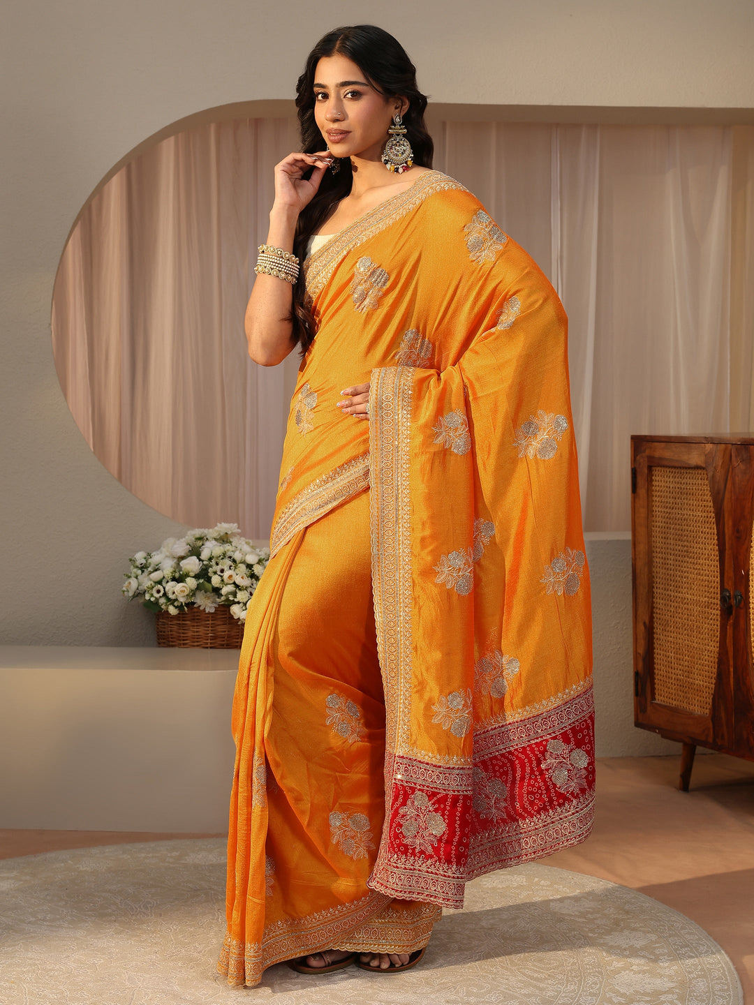 Mustard Floral Embroidered Silk Blend Saree