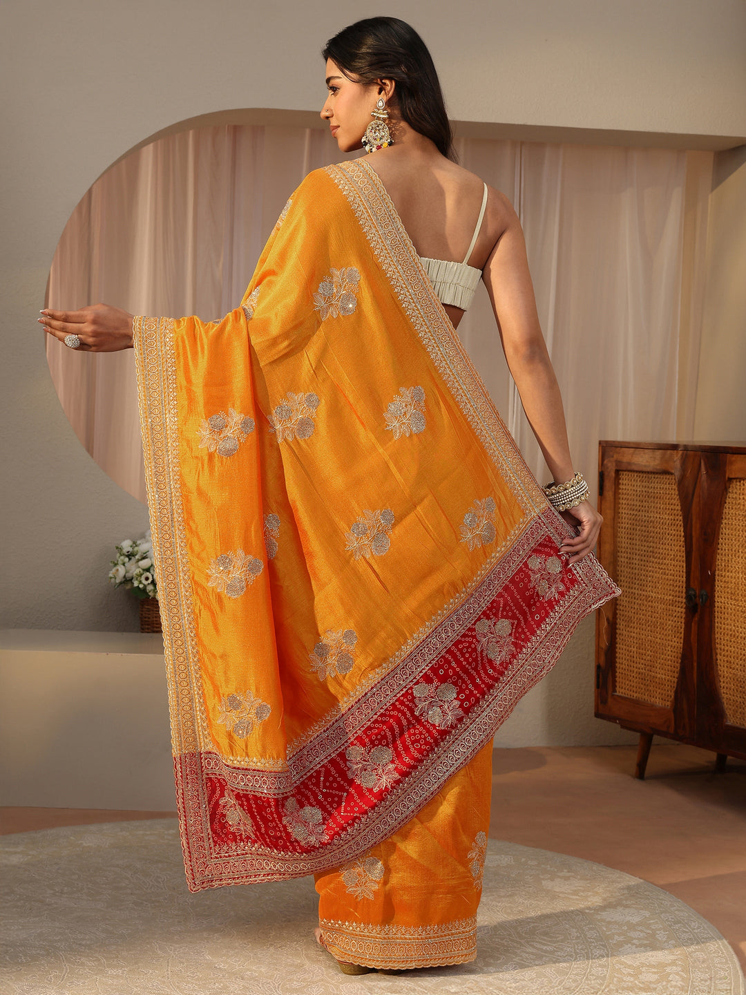 Mustard Floral Embroidered Silk Blend Saree