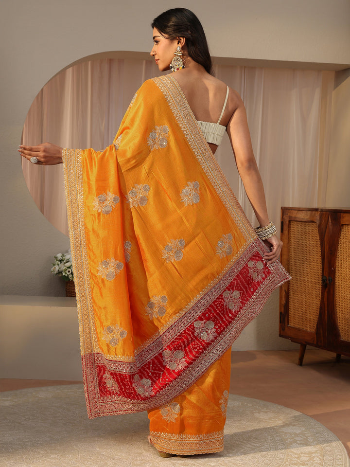 Mustard Floral Embroidered Silk Blend Saree