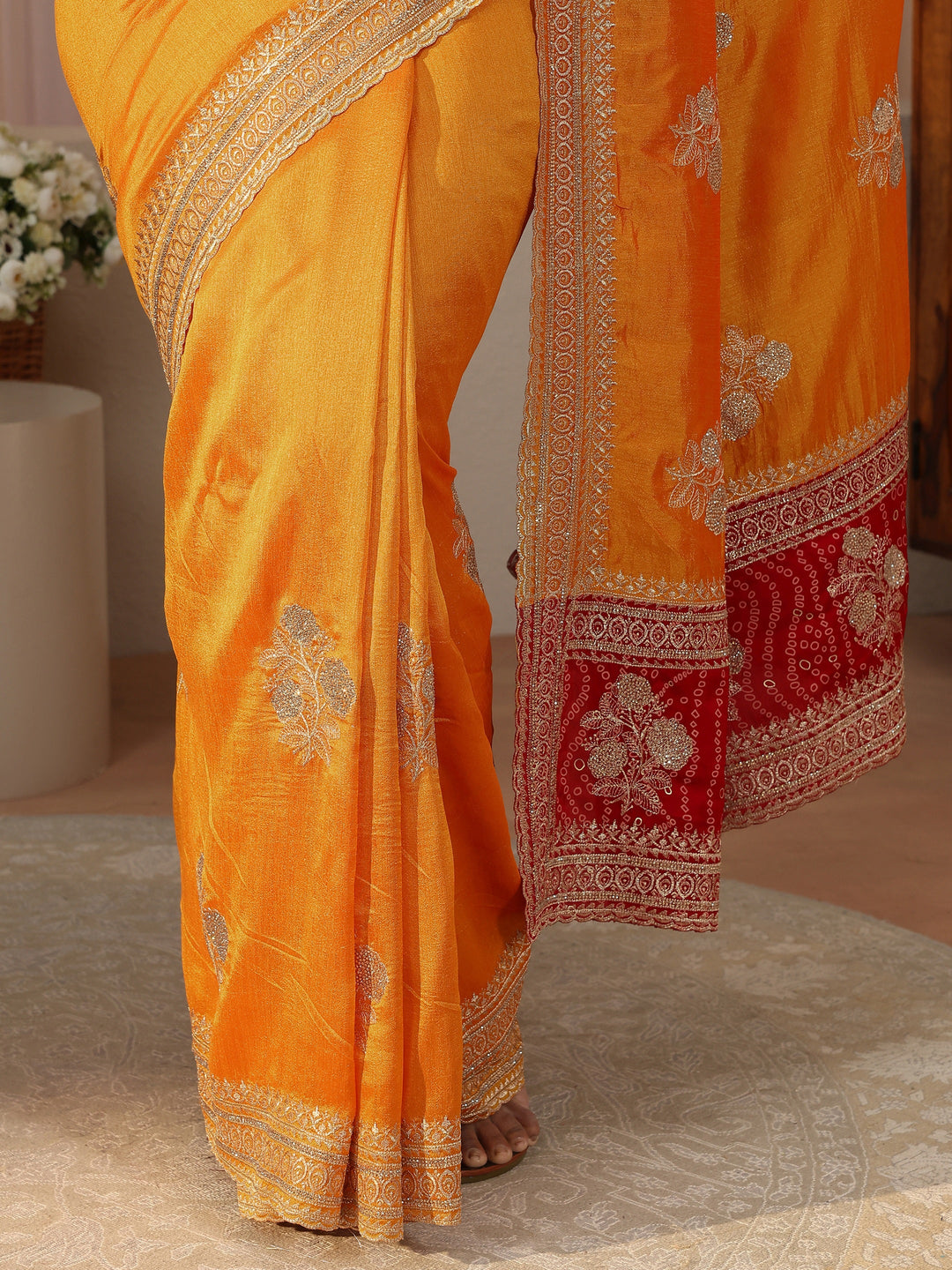 Mustard Floral Embroidered Silk Blend Saree
