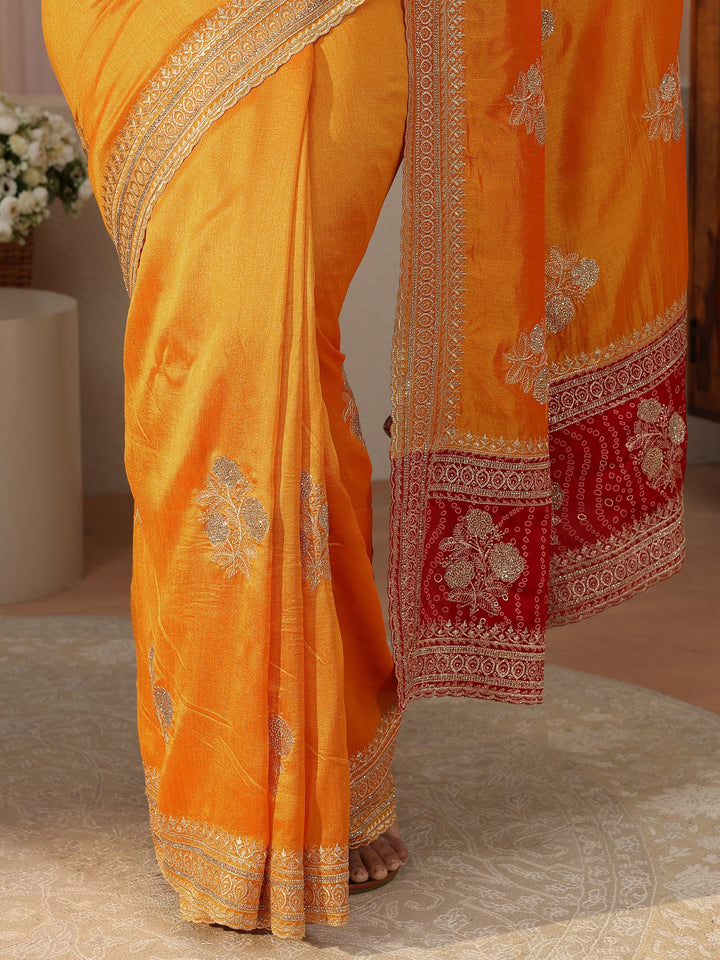 Mustard Floral Embroidered Silk Blend Saree