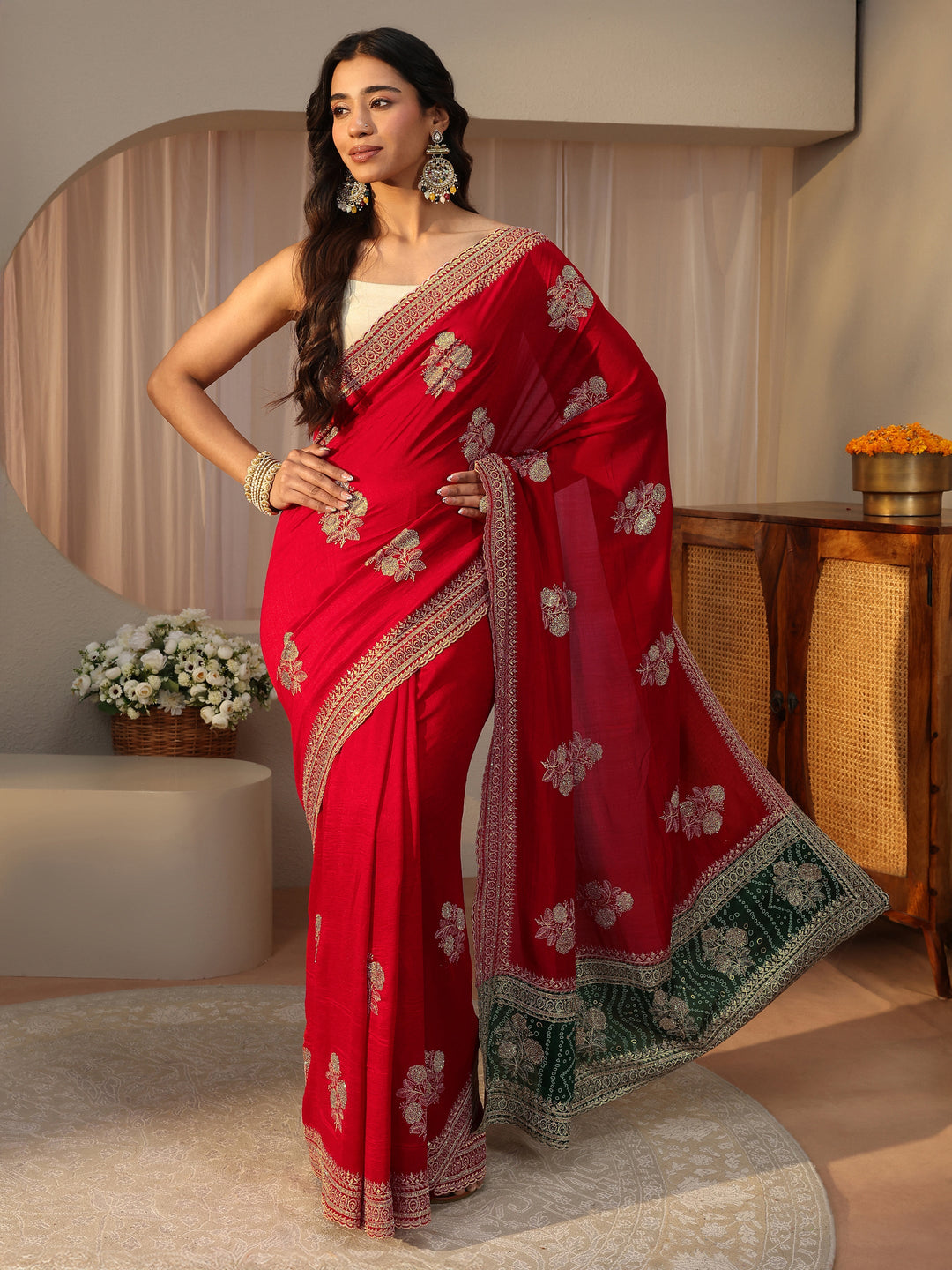 Red Floral Embroidered Silk Blend Saree