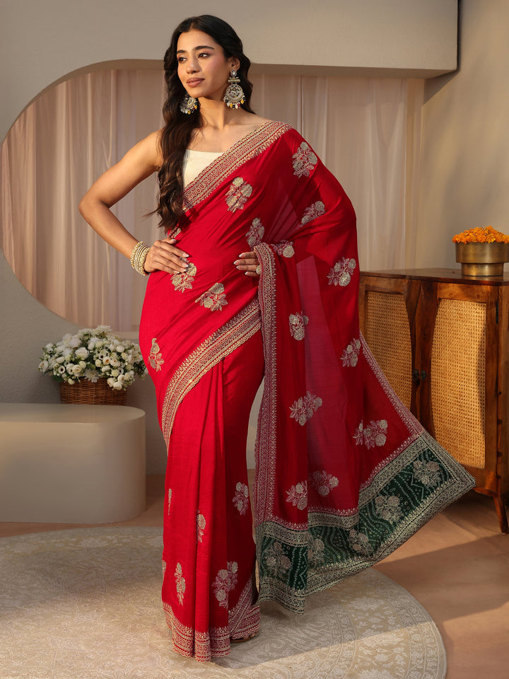 Red Floral Embroidered Silk Blend Saree