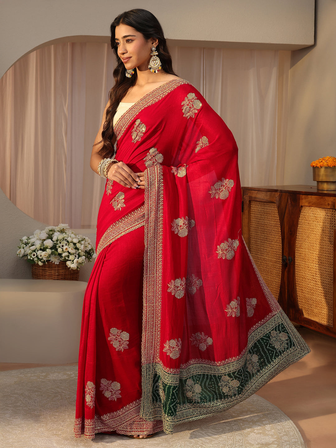 Red Floral Embroidered Silk Blend Saree