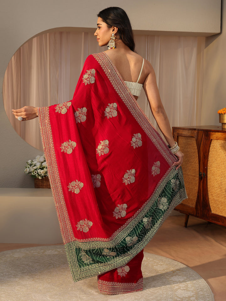 Red Floral Embroidered Silk Blend Saree