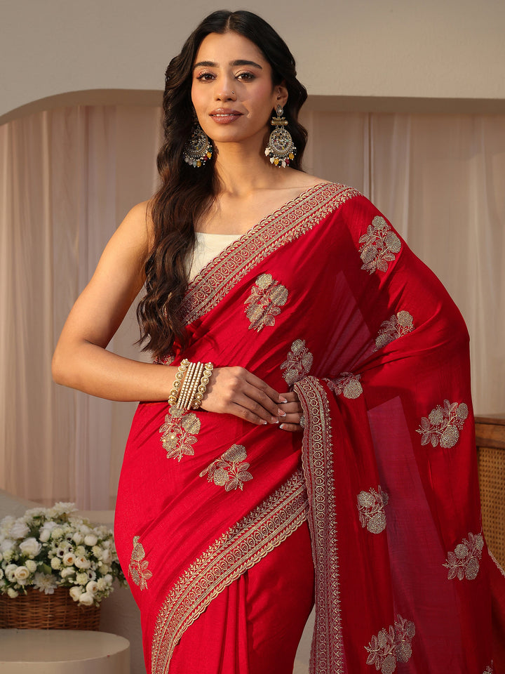 Red Floral Embroidered Silk Blend Saree