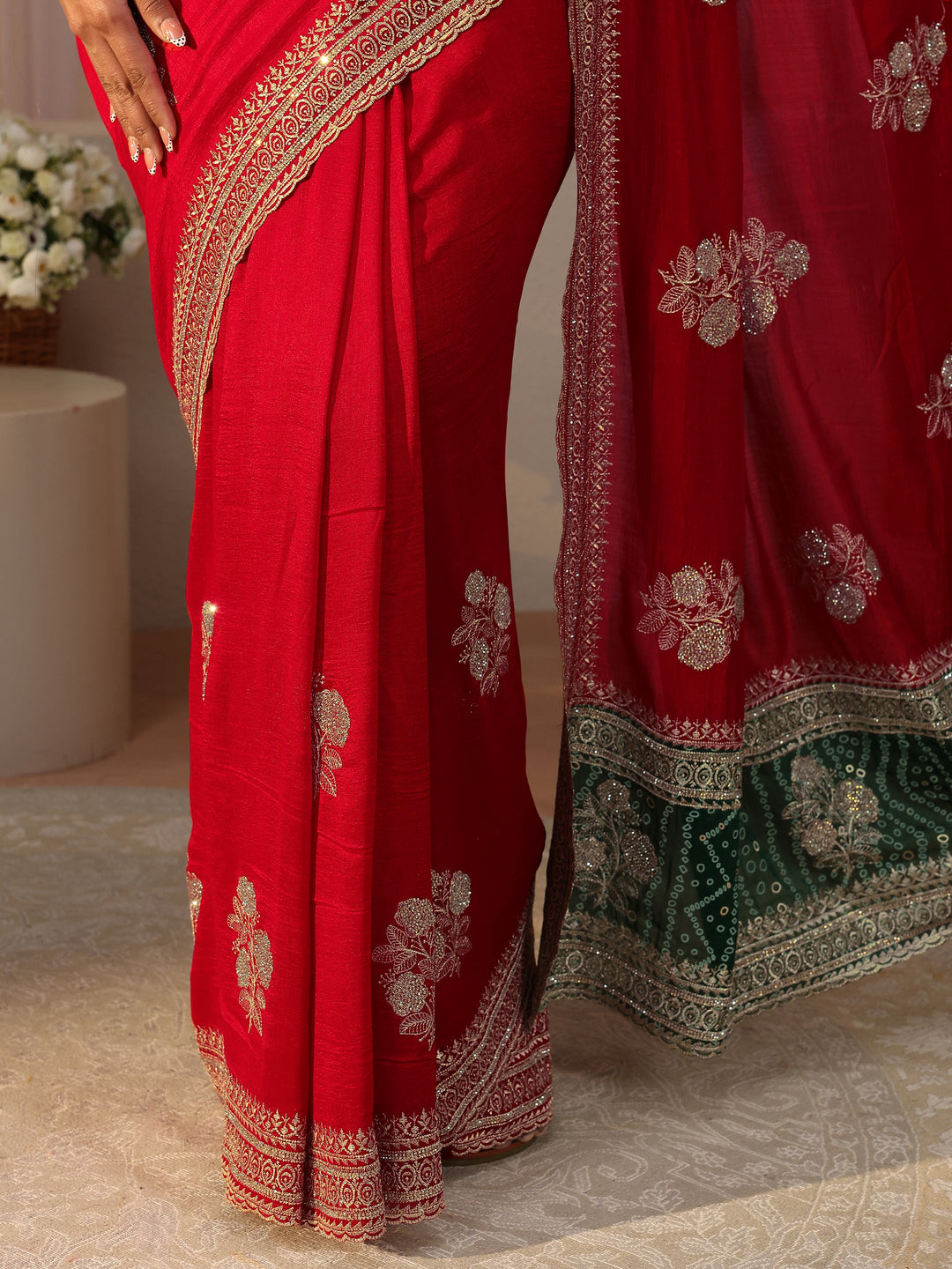 Red Floral Embroidered Silk Blend Saree
