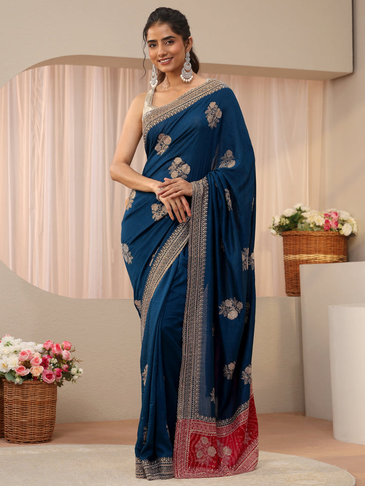 Navy Blue Floral Embroidered Silk Blend Saree