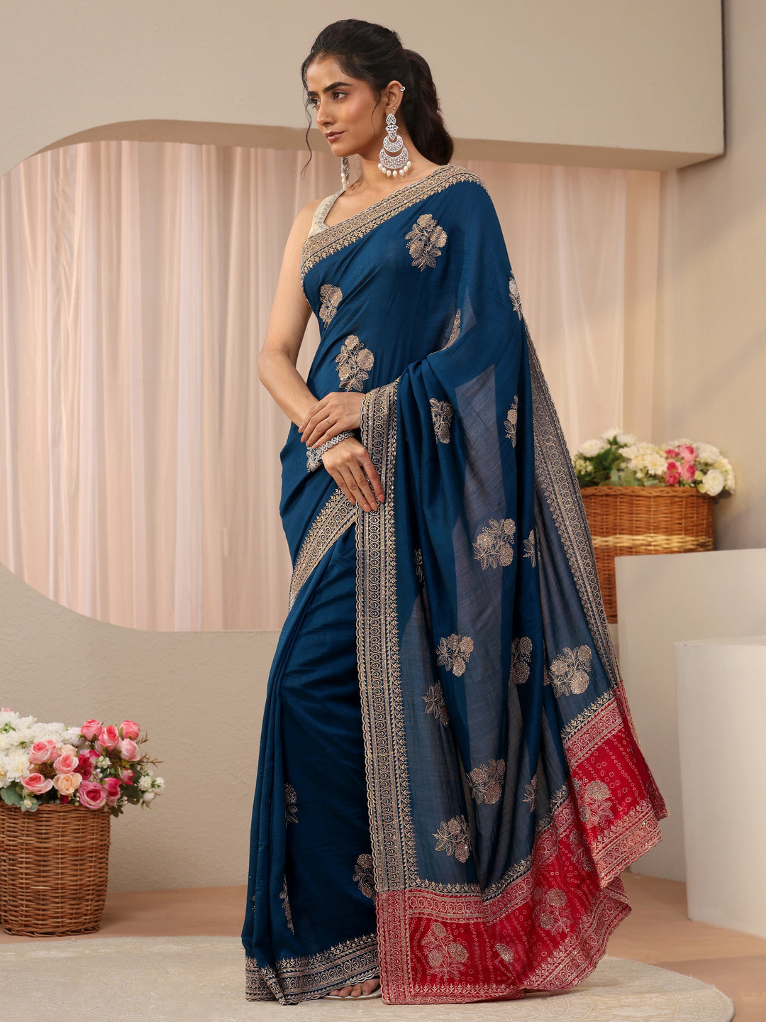 Navy Blue Floral Embroidered Silk Blend Saree