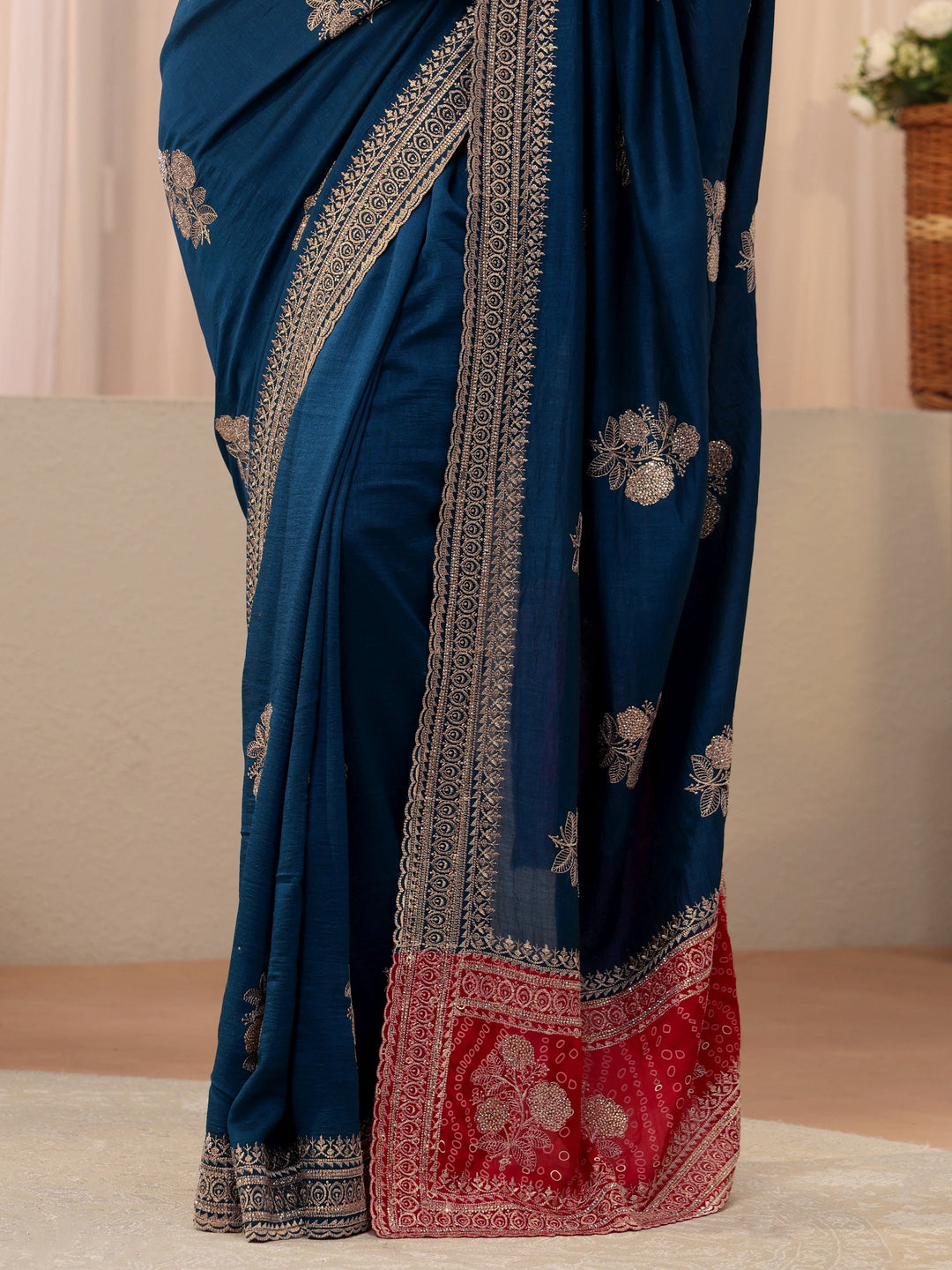 Navy Blue Floral Embroidered Silk Blend Saree