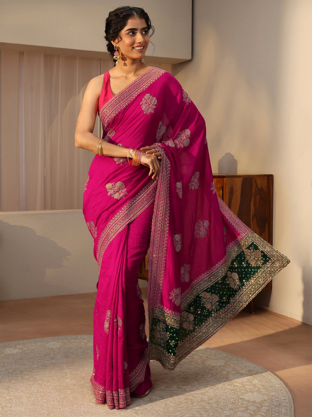 Pink Floral Embroidered Silk Blend Saree
