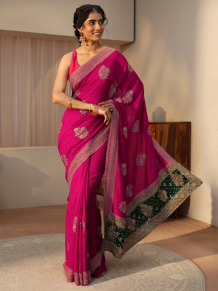 Pink Floral Embroidered Silk Blend Saree