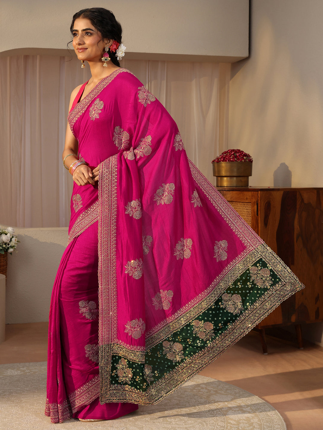 Pink Floral Embroidered Silk Blend Saree