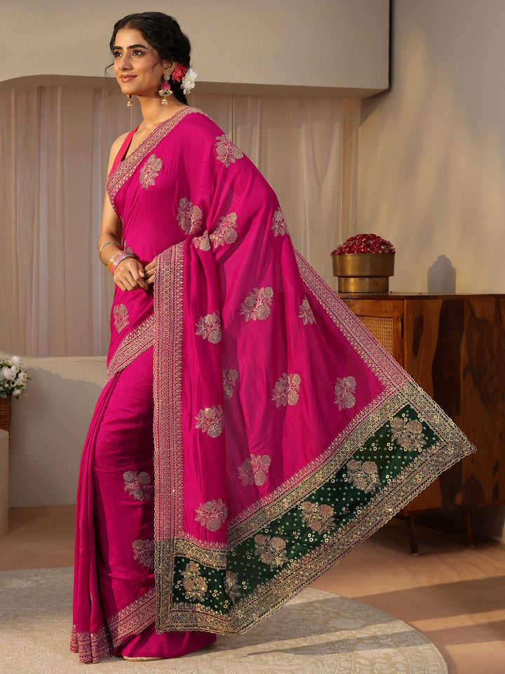 Pink Floral Embroidered Silk Blend Saree