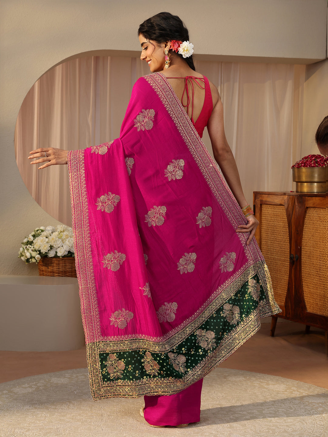 Pink Floral Embroidered Silk Blend Saree