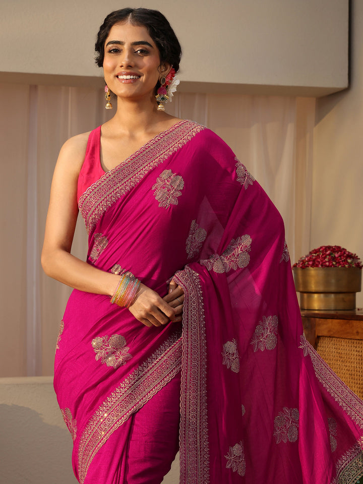 Pink Floral Embroidered Silk Blend Saree
