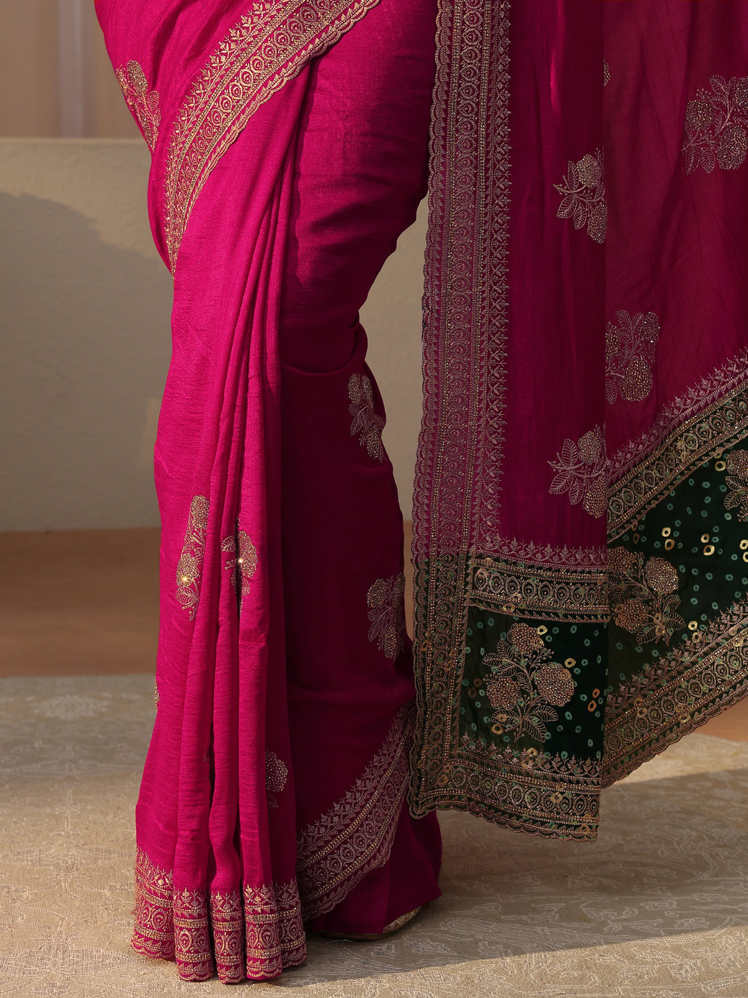 Pink Floral Embroidered Silk Blend Saree