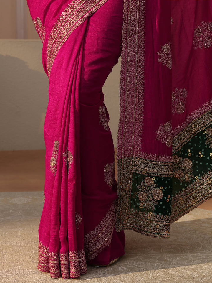 Pink Floral Embroidered Silk Blend Saree