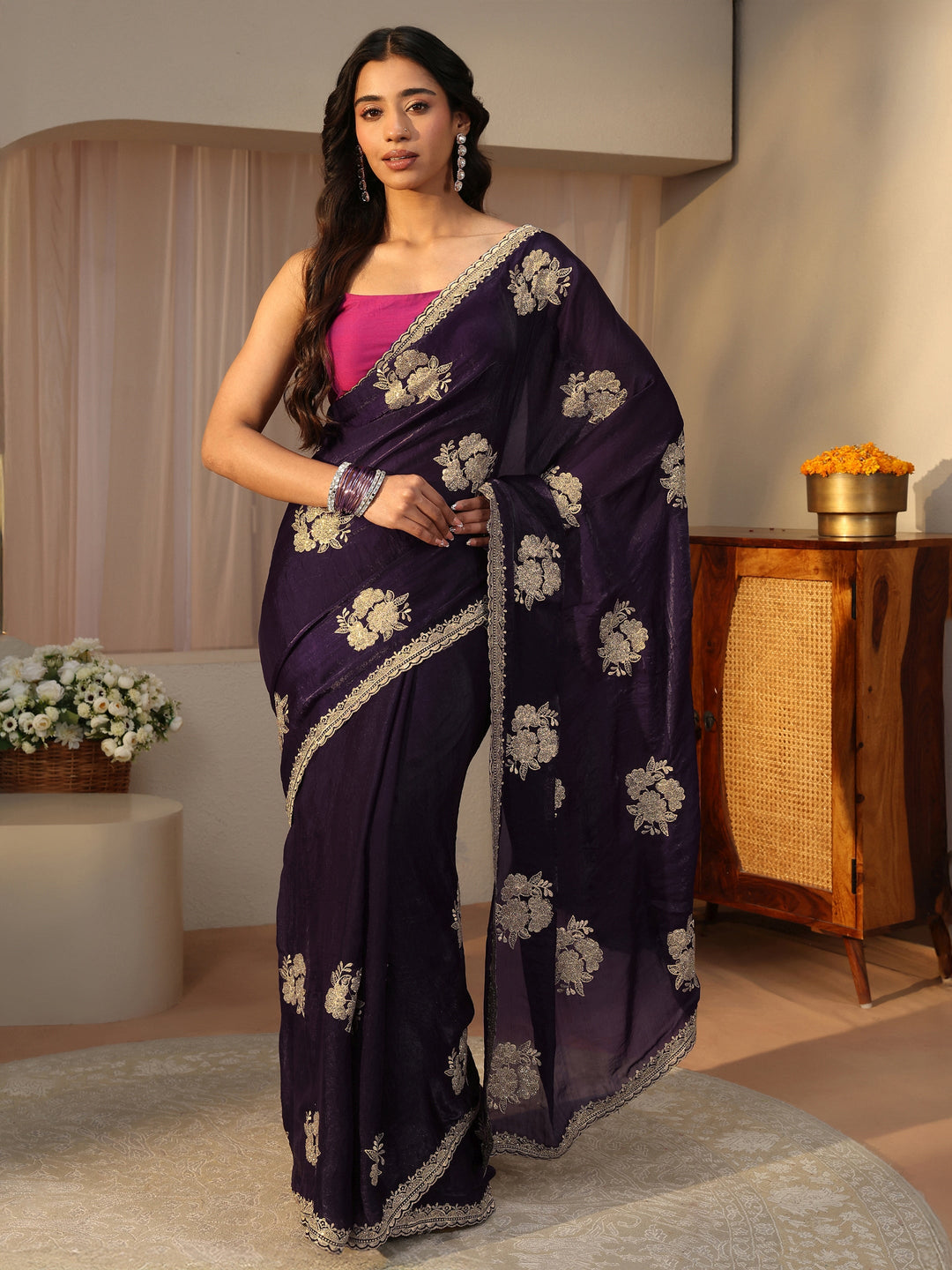 Purple Floral Embroidered Tissue Saree