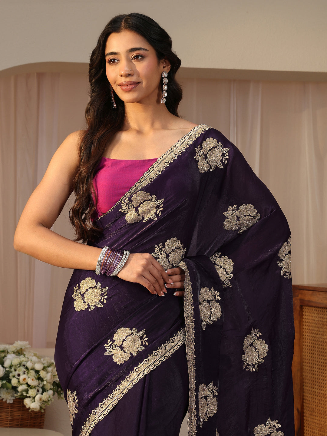 Purple Floral Embroidered Tissue Saree