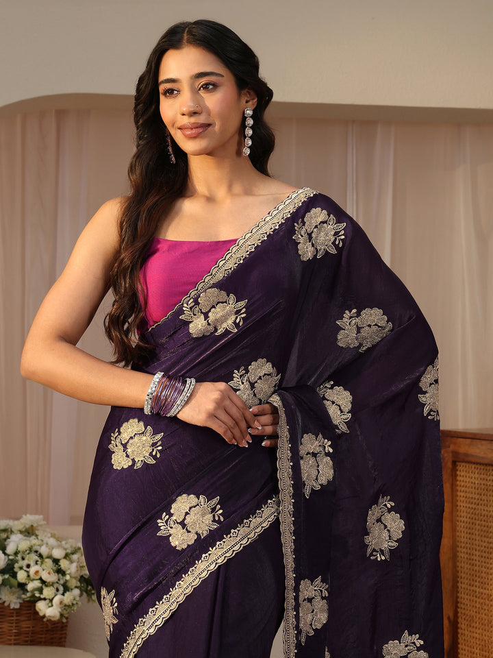Purple Floral Embroidered Tissue Saree