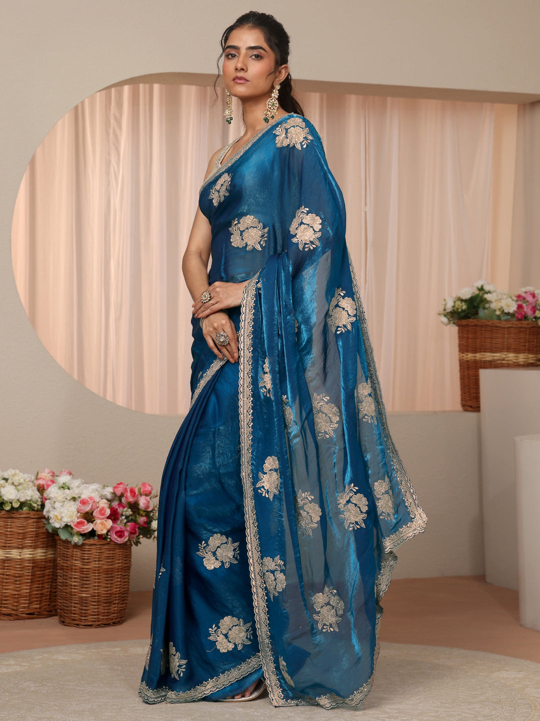 Blue Floral Embroidered Tissue Saree