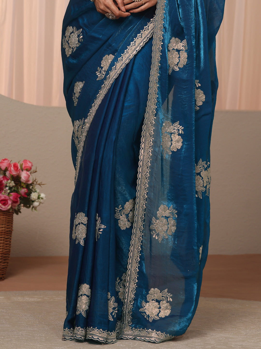 Blue Floral Embroidered Tissue Saree