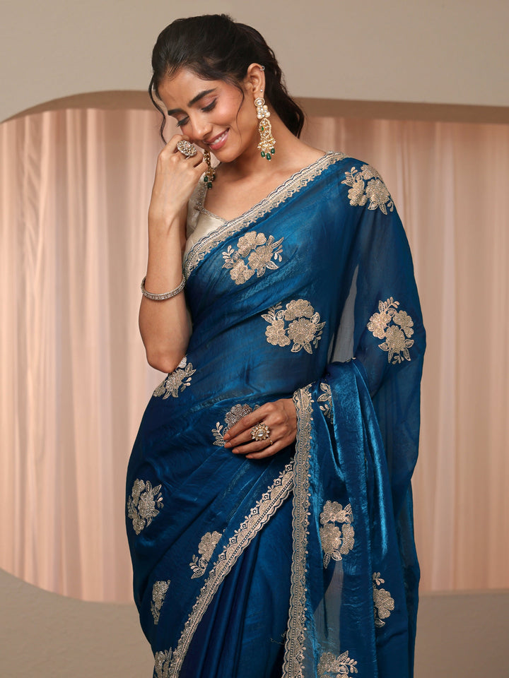 Blue Floral Embroidered Tissue Saree