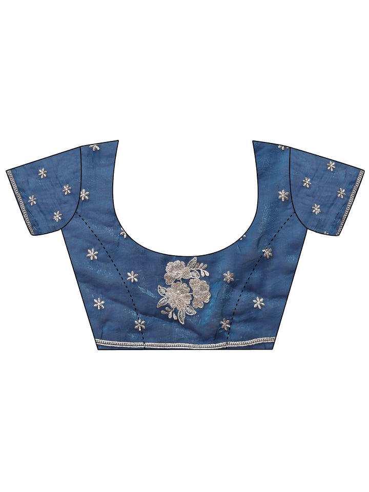 Blue Floral Embroidered Tissue Saree